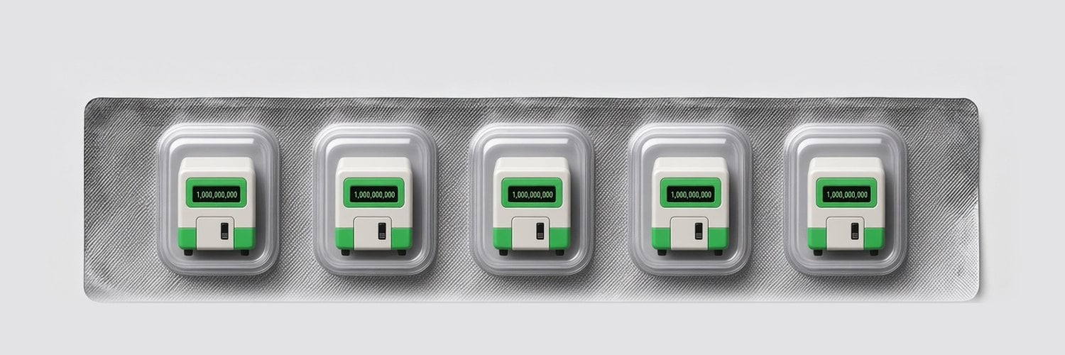 A strip of five Billion Machines in blister packs